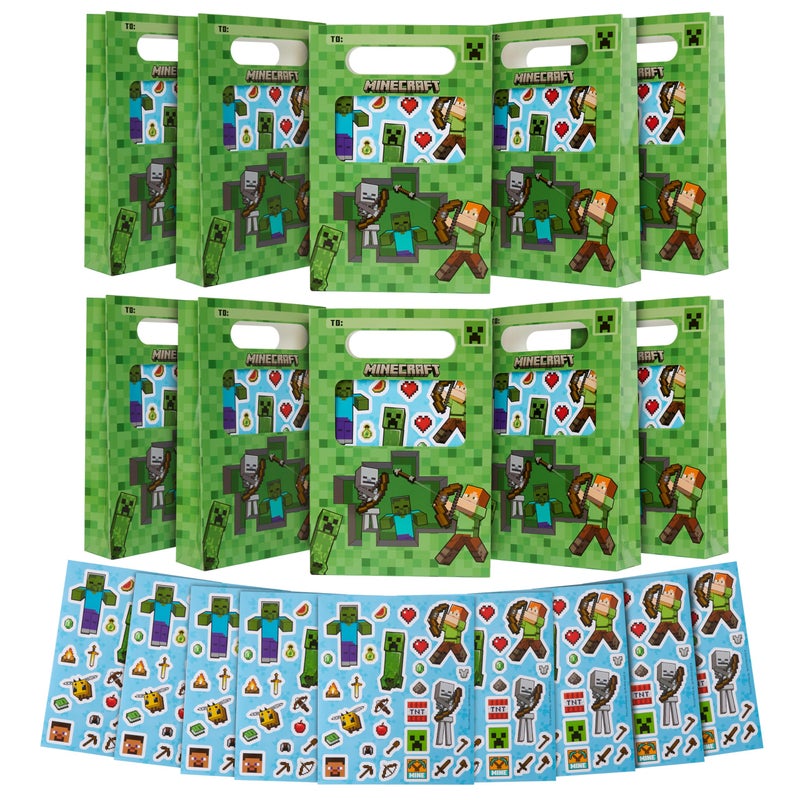 Minecraft Party Favor Bags for Kids with Sticker Sheet 10 Pcs Kids Paper Gift Bags Party Supplies for Birthday Party